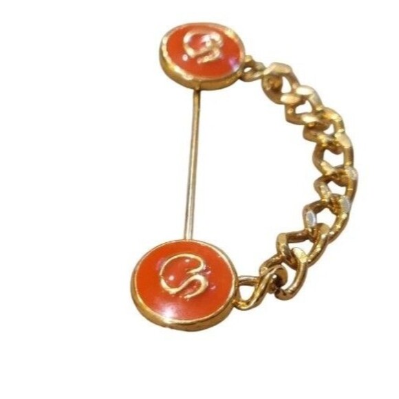 St. John Vintage Orange Collar Pin Brooch Logo SJ Chain Enamel Gold Tone 1990s - Picture 4 of 6